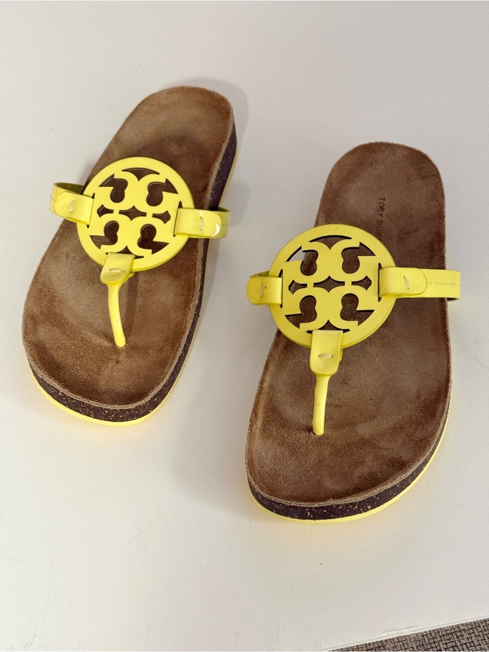 Tory Burch Miller Cloud Leather Thong Sandal  Cork Footbed Lemon Lime Yellow